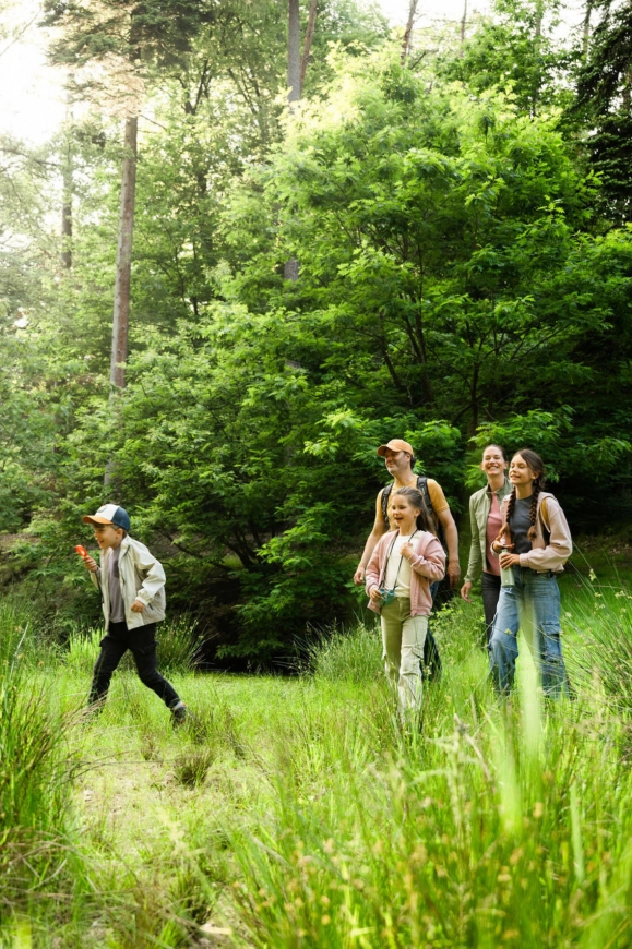 Gezin wandelt samen in de natuur tijdens een kampeerreis met de caravan